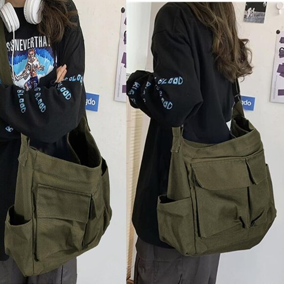 Vintage Canvas Crossbody Messenger Bag with Multiple Pockets and Hook-and-loop C - Picture 6 of 6